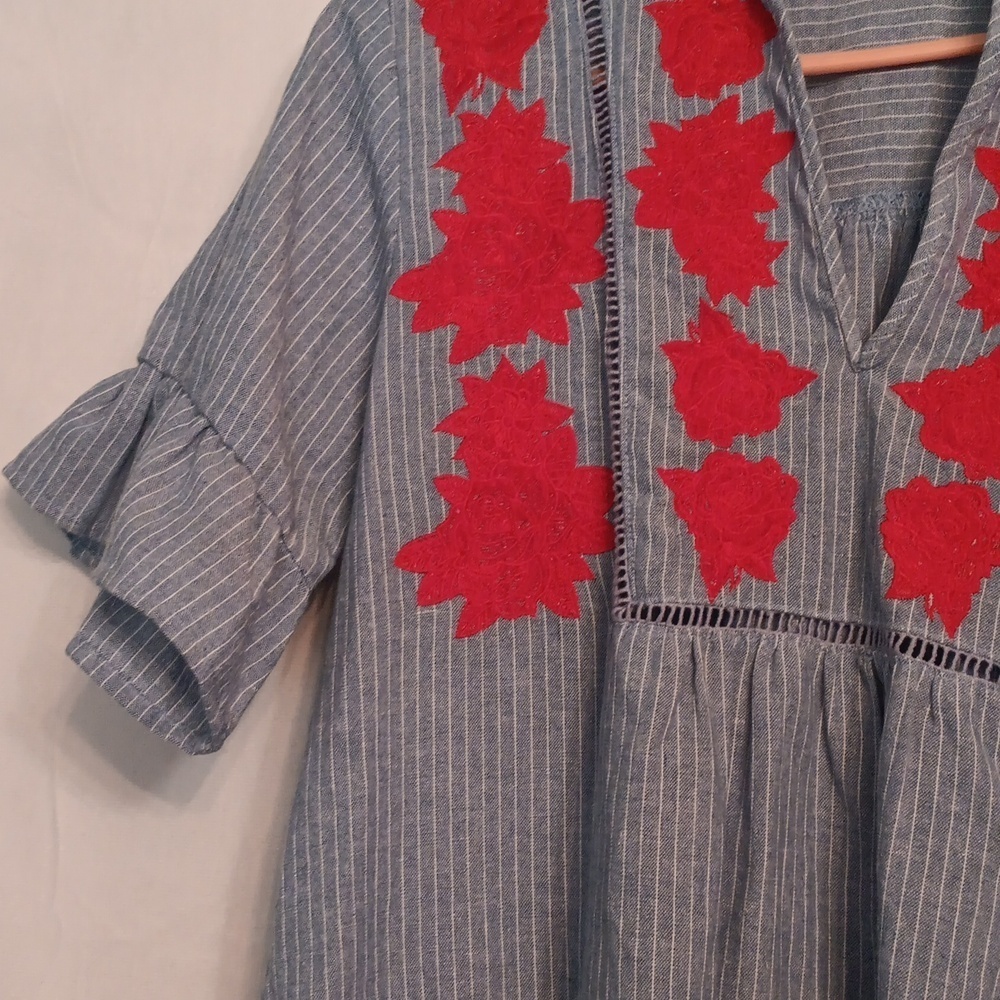 Entro Striped Blue Top with Red Floral Detail - Picture 4 of 7